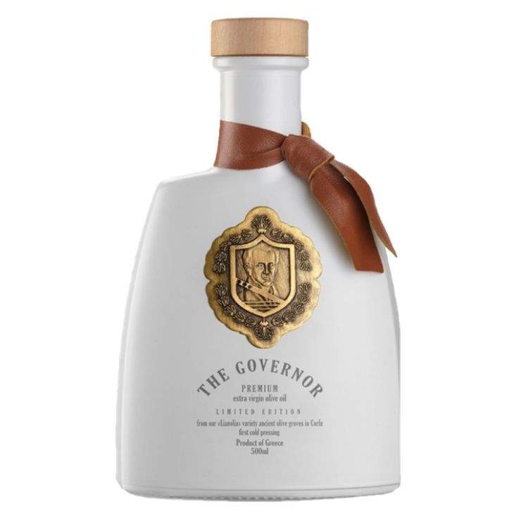 The Governor Premium Limited Edition ► Feinstes Olivenöl in einer edlen weissen Flasche mit einem braunen Lederbändchen am Flaschenhals | GOURMETmanufactory